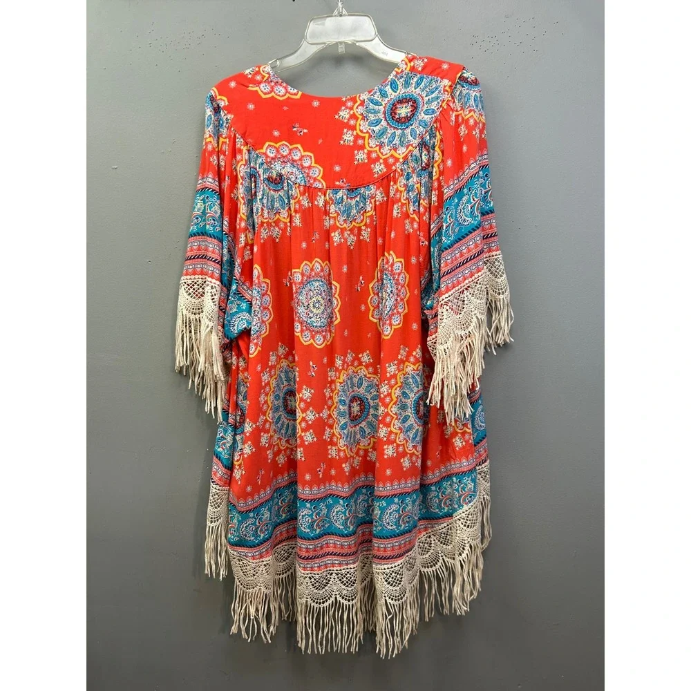 Umgee Kimono Women S/M Coral‎ Paisley Boho Fringe Crochet Lace Open Colorful